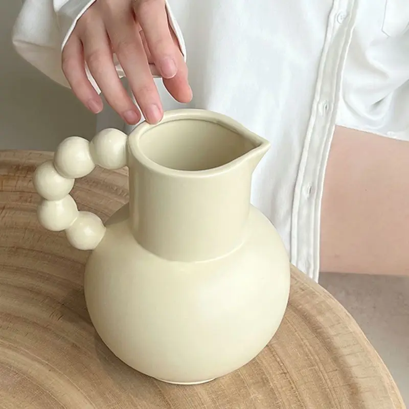

French Cream Handle Vase Milk Pot Ceramic Flowerpot Decoration Living Room Bedroom Dining Room Hotel Desktop Home Decor Ins Styl