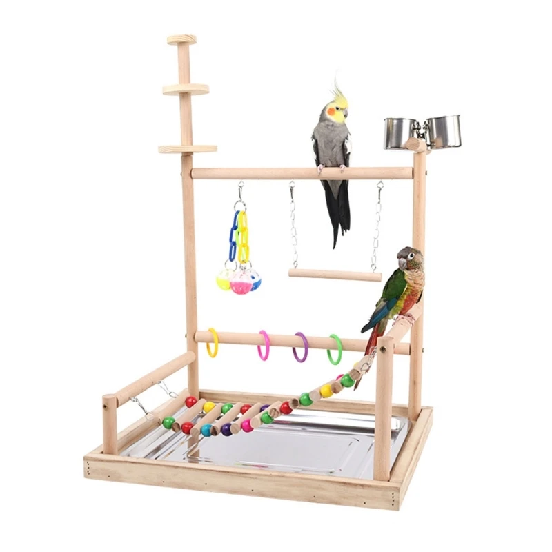 

Bird Perch Wood Stand Toy Parrots Playstand for Parakeets Cockatiel Conure with Feeding Cups Ladder Swing Chew Toy