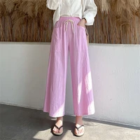 cotton linen wide leg pant women summer 2022 casual loose drawstring elastic waist trousers female pink white straight pants