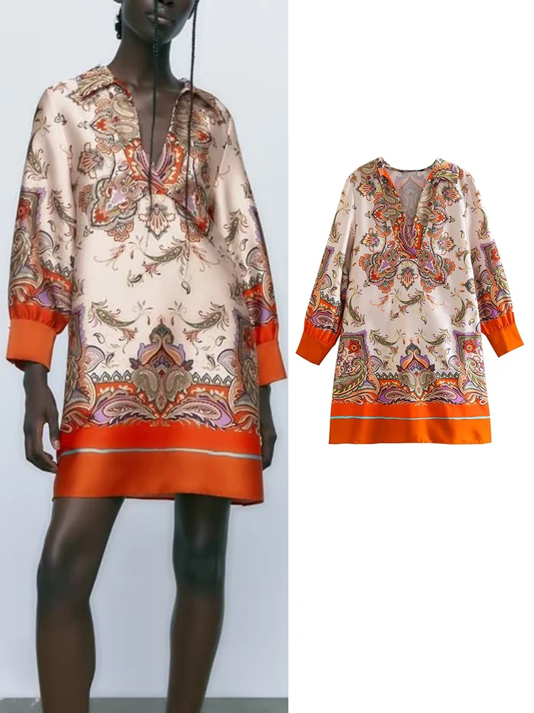 

TRAF Elegant Women Printed Dresses 2022 Spring Autumn Fashion Vintage V-neck Mini Dresses Long Sleeve Soft Causal Vestidos