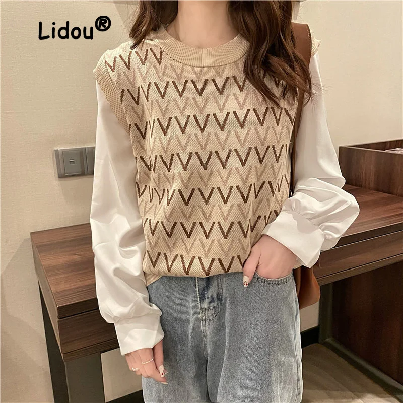 

New Patchwork Fake Twopiece Knitting Shirt Womne Fashion O-collar Loose Puff Sleeve Korean Personality All-match Pullover Top