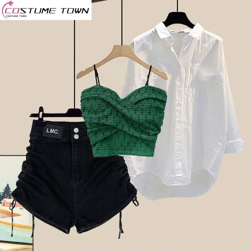 

Spring and Summer Suit Women's 2023 New Korean Fashion Temperament Top Tank Top Age Reducing Denim Shorts Three Piece Set