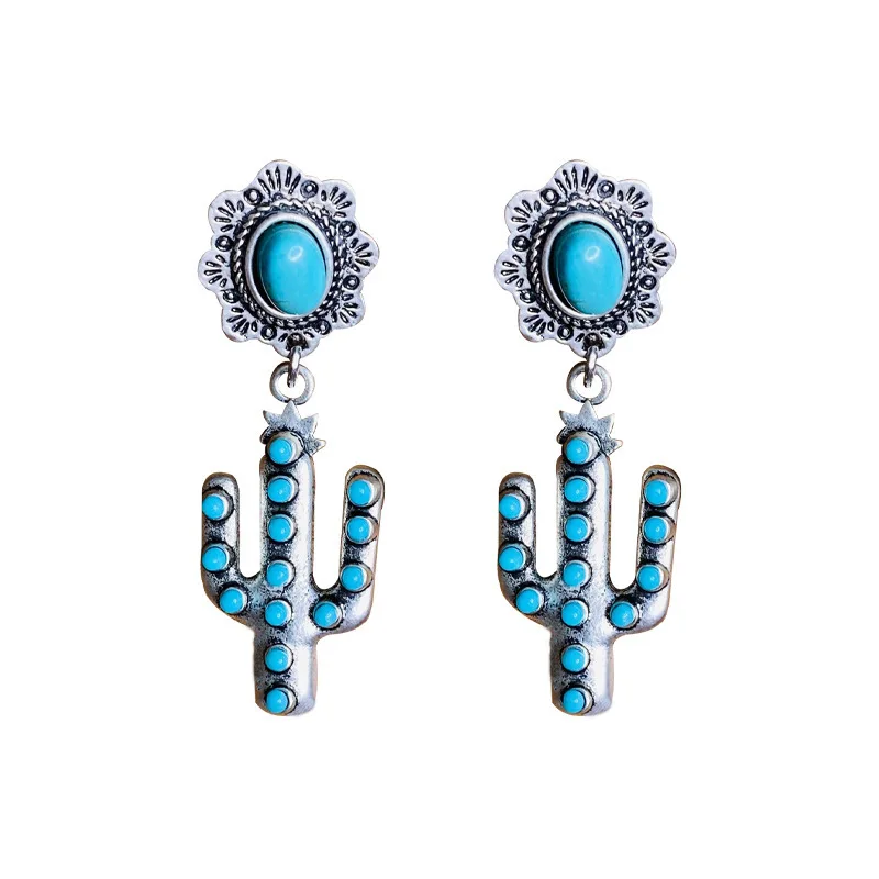 

Boho Ethnic Cactus Silver Color Earrings Lovely Accessories Flower Metal Natural Blue Stone Drop Dangle Earrings