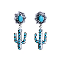 boho ethnic cactus silver color earrings lovely accessories flower metal natural blue stone drop dangle earrings