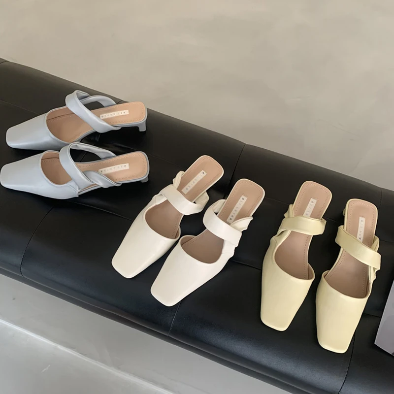 

Shoes Woman 2022 Slippers Casual Heeled Mules Square heel Med Cover Toe Pantofle Luxury High Block New Rome Rubber PU Slides