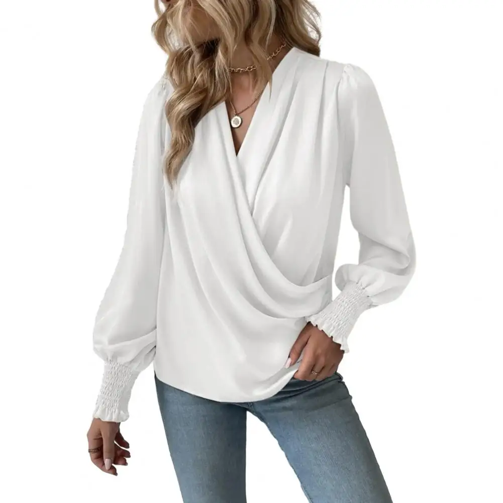 

Holiday Casual Chic Shirt Women's Blouse Elegant V-neck Lantern Sleeve Commuter Party Solid Color Top blusa mujer moda 2023