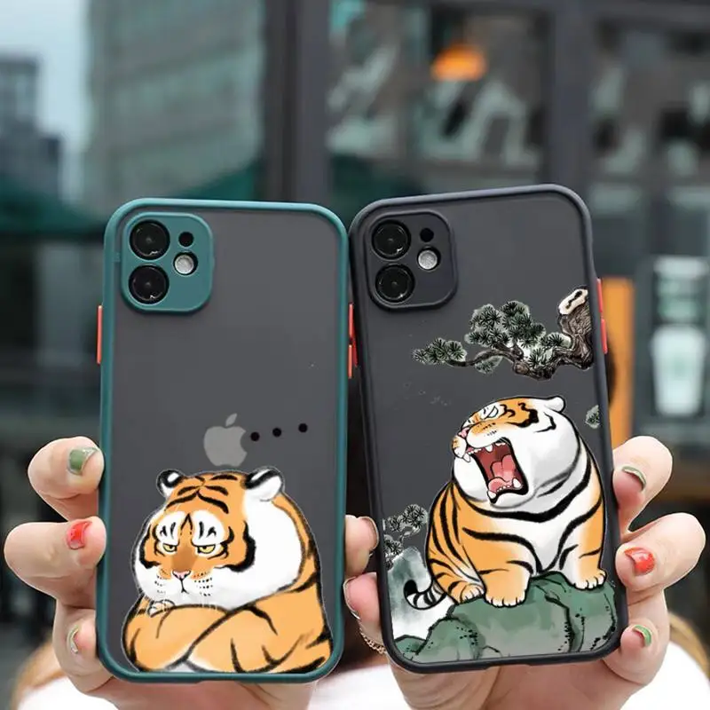 

cute fat tiger Phone Case For iPhone 12 11 Mini Pro XR XS Max 7 8 Plus X Matte transparent Back white blue green red Cover