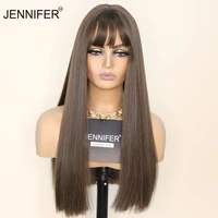 22inch long straight synthetic wigs for women natural hair bangs brownlinen 2 color high temperature fiber cosplay party daily