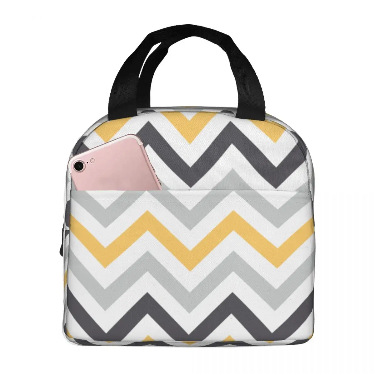 

Lunch Bags for Men Women Black Yellow And Gray Zigzag Thermal Cooler Portable Picnic Zig Zag Oxford Tote Food Storage Bags