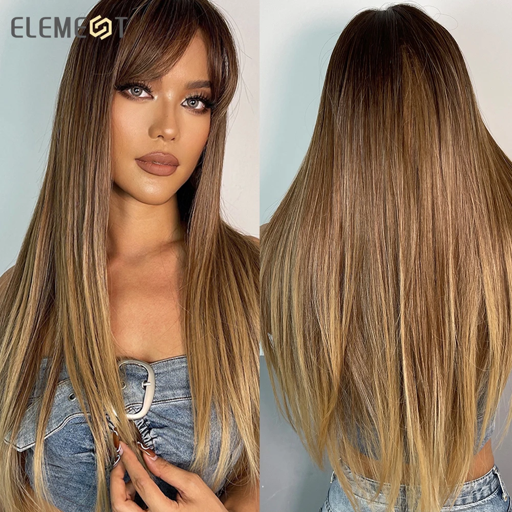 

Синтетические парики Element для женщин, длинные прямые волосы, светло-коричневые смешанные светлые золотые парики с боковой челкой для белых/...
