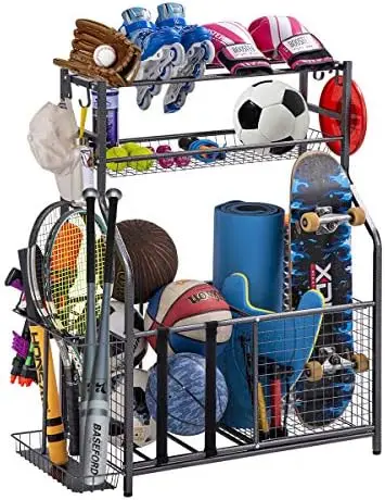

Органайзер для хранения спортивного оборудования с корзинами и крючками-легко собирается-спортивное снаряжение вмещает баскетбольные мячи, бейсбольные биты, F