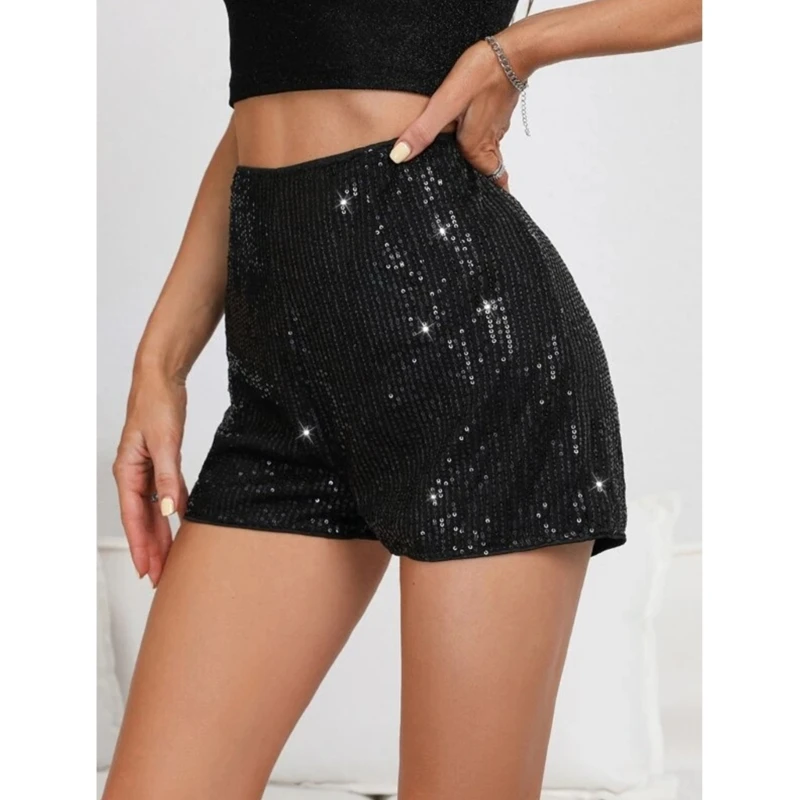 Women Paillette Insgram Style Basic Short-Pant Midi Waist Tie Shining Bodycon Mini A-Line Short Pant Solid Clothing