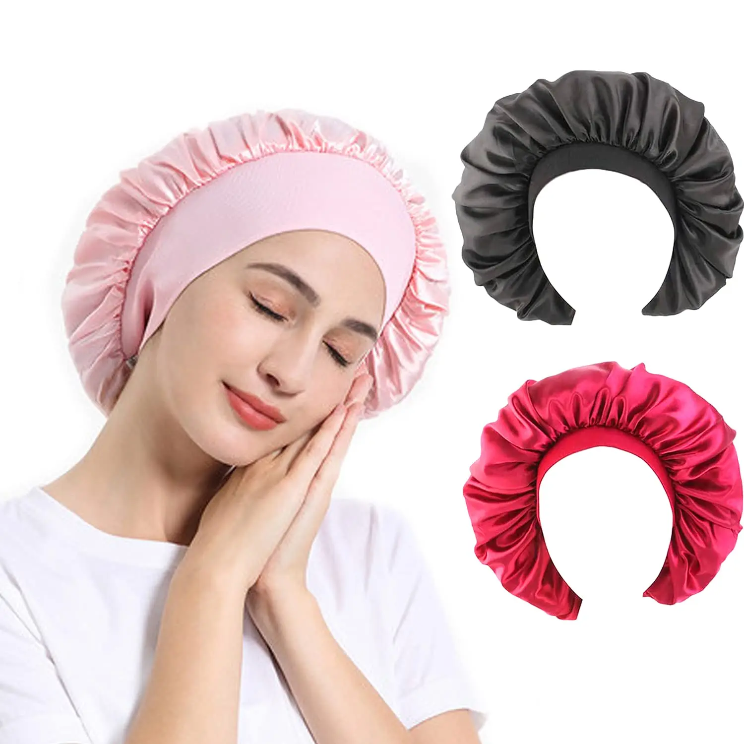 

New fashion Big Size Silk Sleeping Cap Night Hat Head Cover Bonnet Satin Cheveux Nuit For Curly Hair Care Wide Elastic Band
