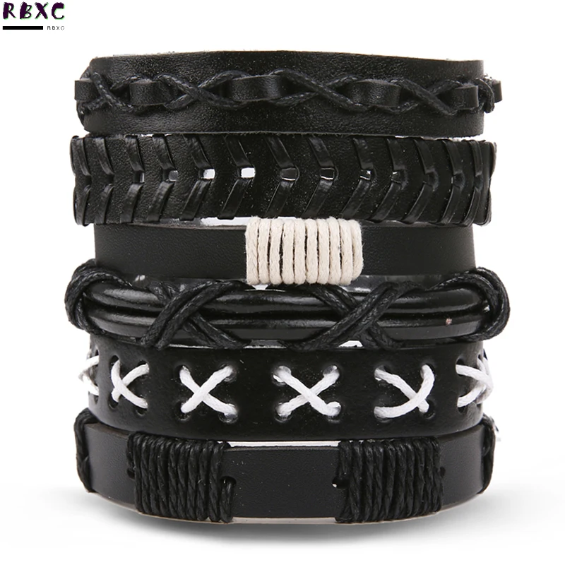 

RBXC New 2019 Black Color Braided Wrap Bracelets & Bangles Fashion Gift Multilayer Handmade Rope Chain Leather Bracelet for Men