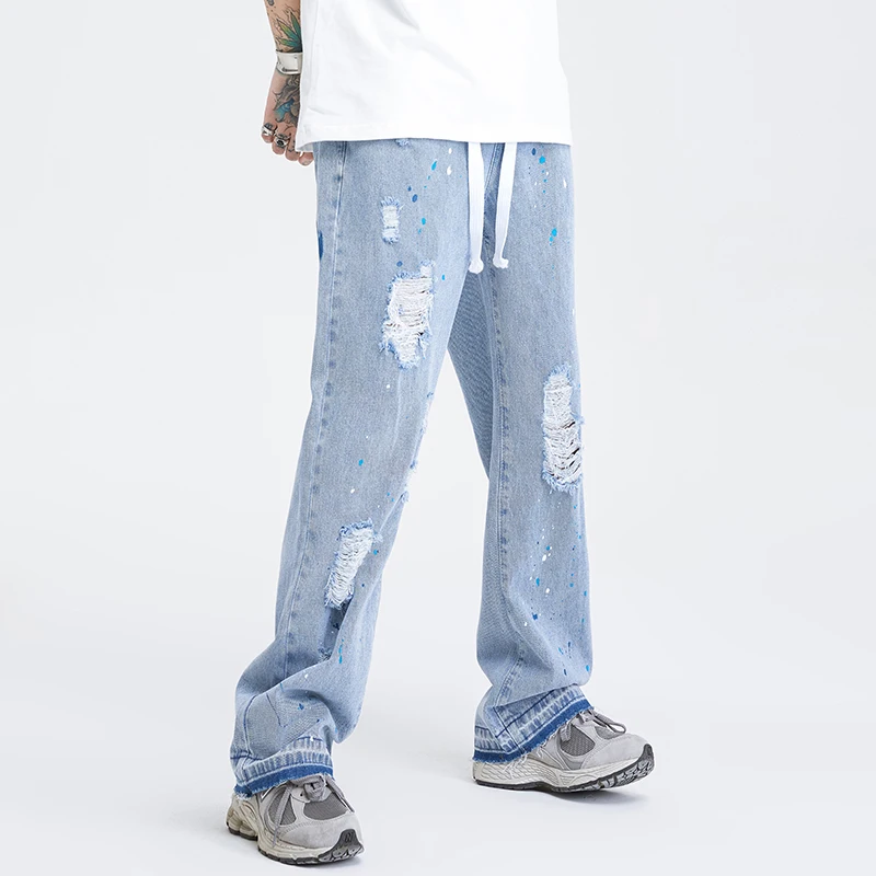 

2022 summer American high street beggar hole spray painted denim straight barrel retro elastic jeans men