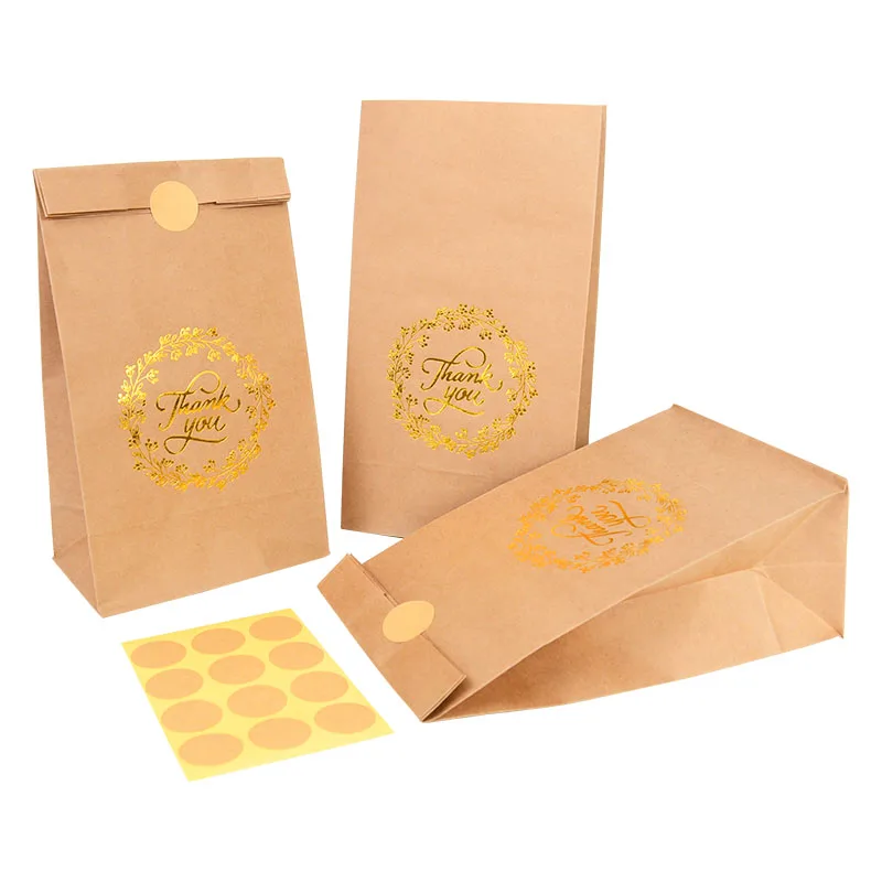 

12Pcs Bronzing Kraft Paper Bags Thank You Biscuit Candy Food Packaging Bag Wedding Party Decoration Gift Wrapping Supplies