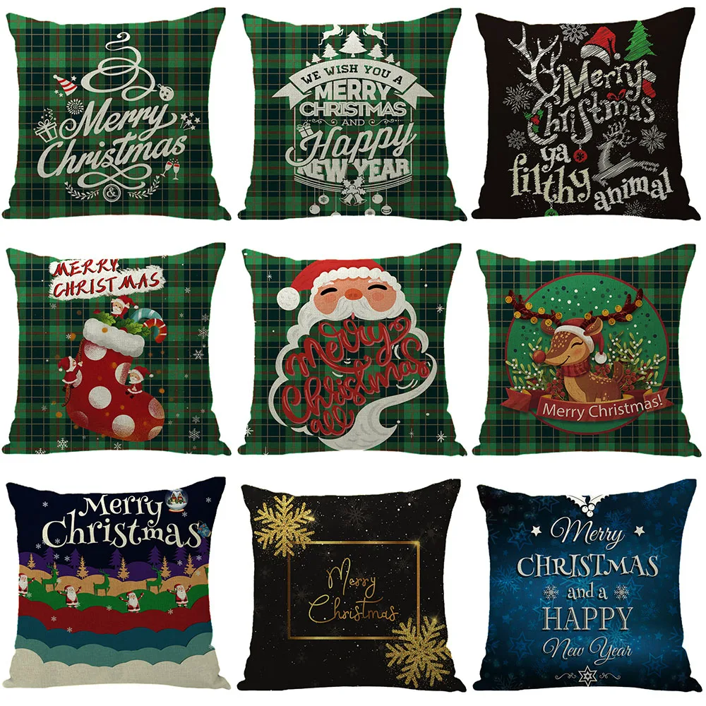 

Christmas Cushion Cover Cartoon Printed Plaid Pillow Covers For Living Room Party Decorative Linen Pillowcase Xmas Ornaments