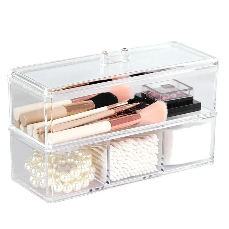 Caja organizadora de maquillaje de acrílico transparente, contenedor de tocador con tapa para joyería, soporte de almacenamiento para baño, Bola de algodón e hisopo