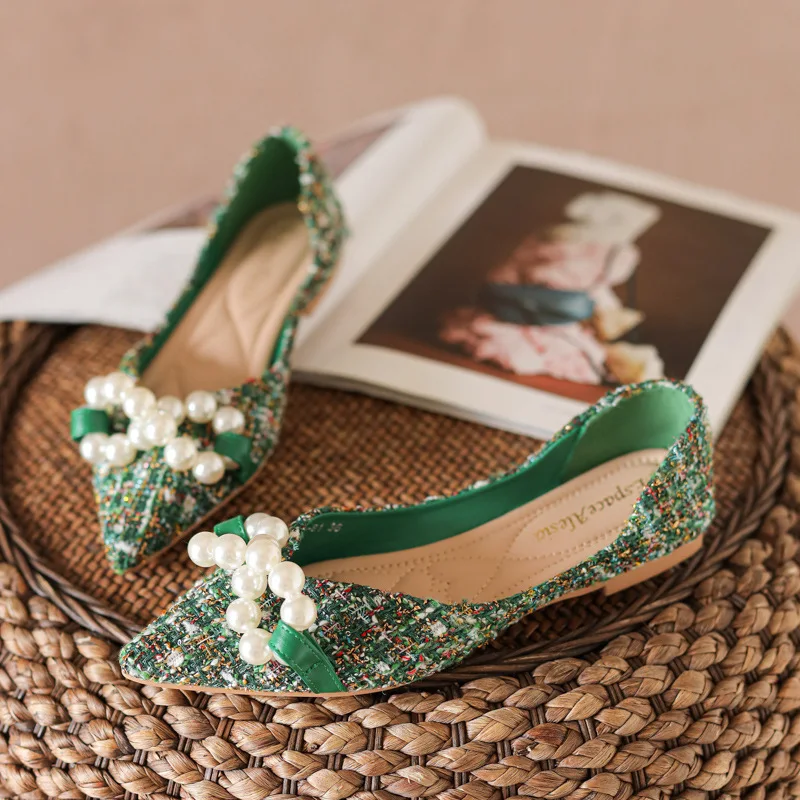 

Туфли женские зеленые с острым носком, мягкие балетки на плоской подошве, с жемчужным бантом, Корейская офисная обувь, весна 2023