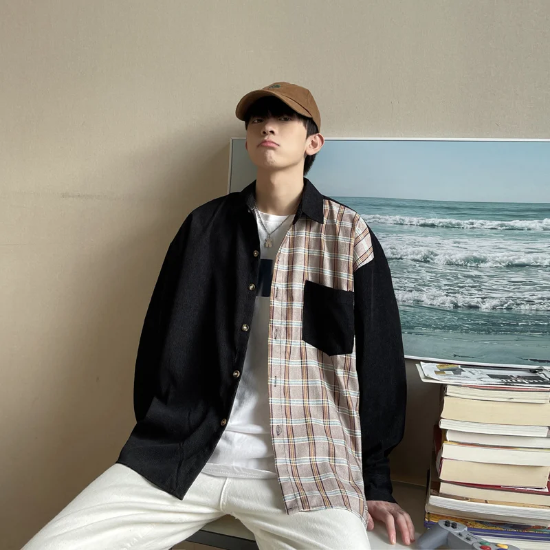 Spring Plaid Shirts Men Fashion Pocket Casual Shirts Men Streetwear Korean Loose Long Sleeve Shirts Mens Dress Shirts M-2XL