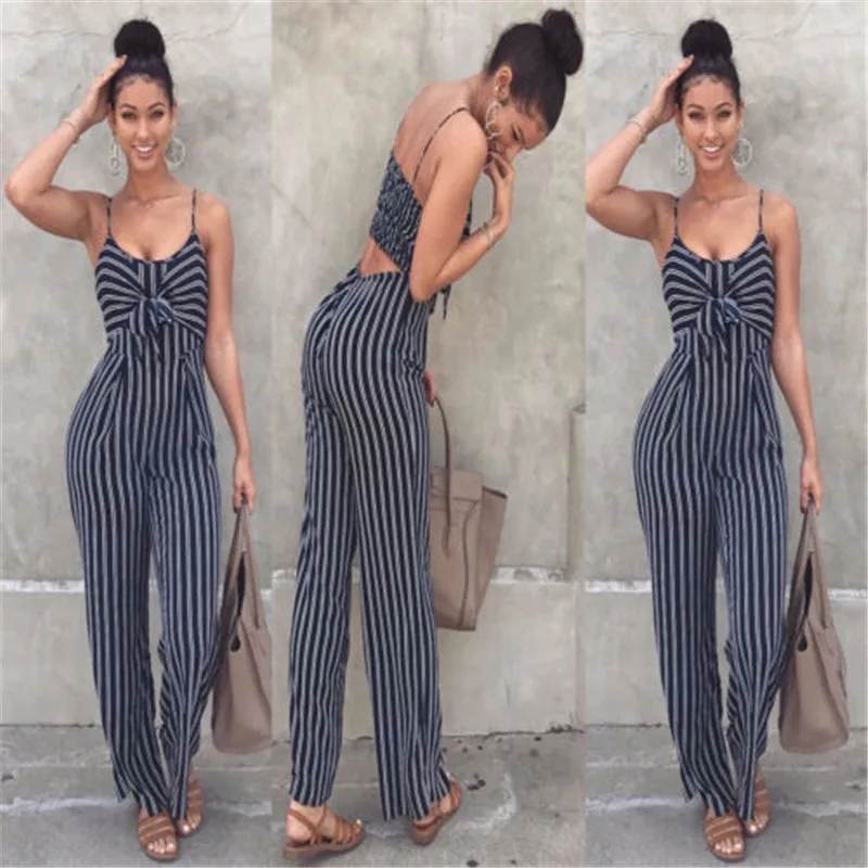 

Summer New Blue Bodycon Backless Stripe Jumpsuits Women Sexy Party Clubwear Jumpsuits Casual Bowtie Overalls Jumpsuit Plus Size