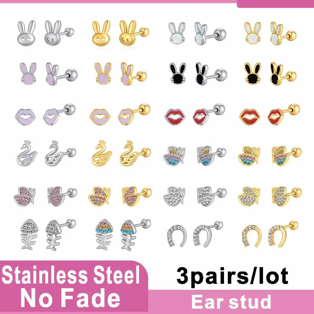 

3 Pairs Cartoon Rabbit Animal Piercing Tragus Stainless Steel Lip Fish-tail Cartilage Conch Daith Lobe Earring Body Jewelry