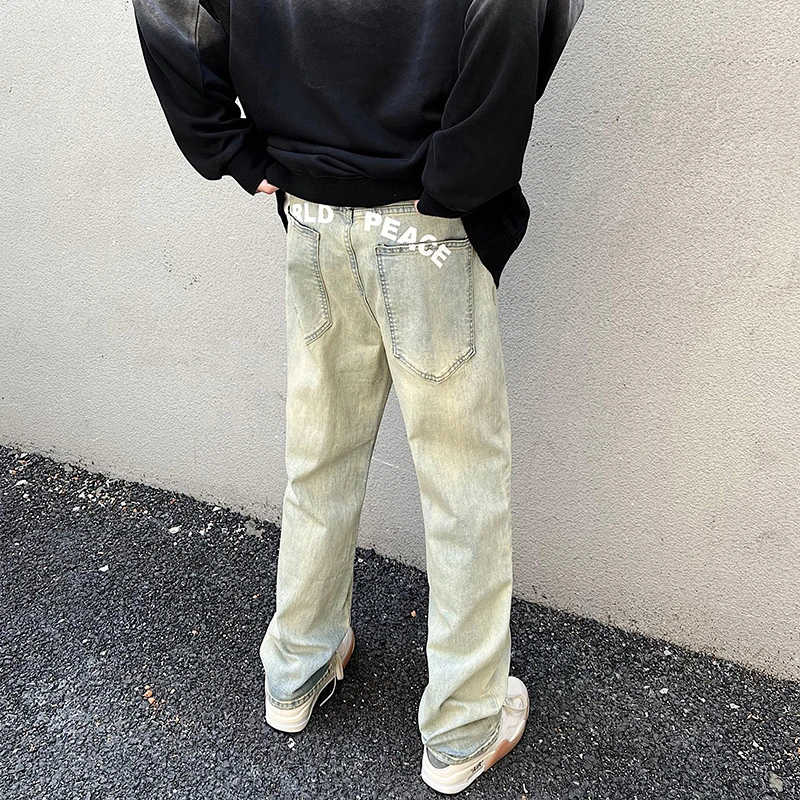 

Jeans Pants for Men 2022 New Autumn/Winter High Street Yellow Mud Dyed Nostalgic Stretch Jeans Men Straight Print All-match Pant