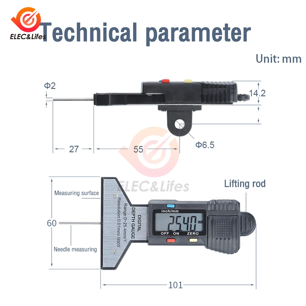 Черный цифровой измеритель глубины протектора 0-25 мм измерительная линейка