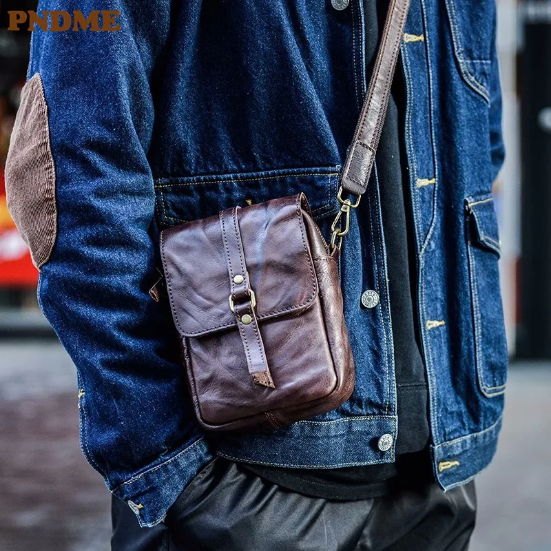 PNDME casual vintage high-quality genuine leather men's small phone bag weekend genuine leather mini shoulder crossbody bag