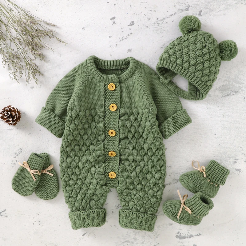 

Baby Romper Set Knitted Newborn Infant Clothing Hat Shoes Glove 0-18M 4PC Onesie Boy Jumpsuit Girl Outfit Long Sleeveless Autumn