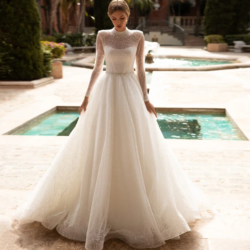 

Elegant High Neck Beading Long Sleeves A Line Wedding Dresses 2023 Exquisite Shiny Bridal Gowns Court Train Vestidos De Novia