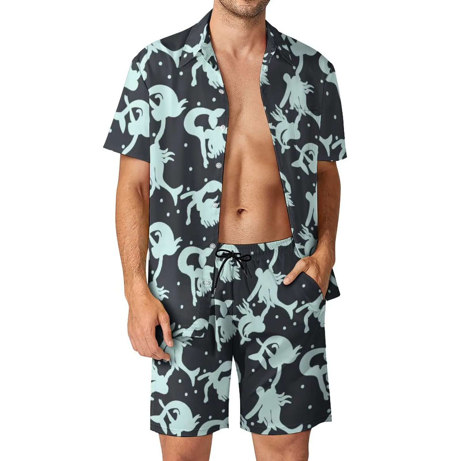 

Mermaid Silhouette Men Sets Cute Dots Print Casual Shirt Set Trending Vacation Shorts Summer Design Suit Two-piece Clothing 3XL