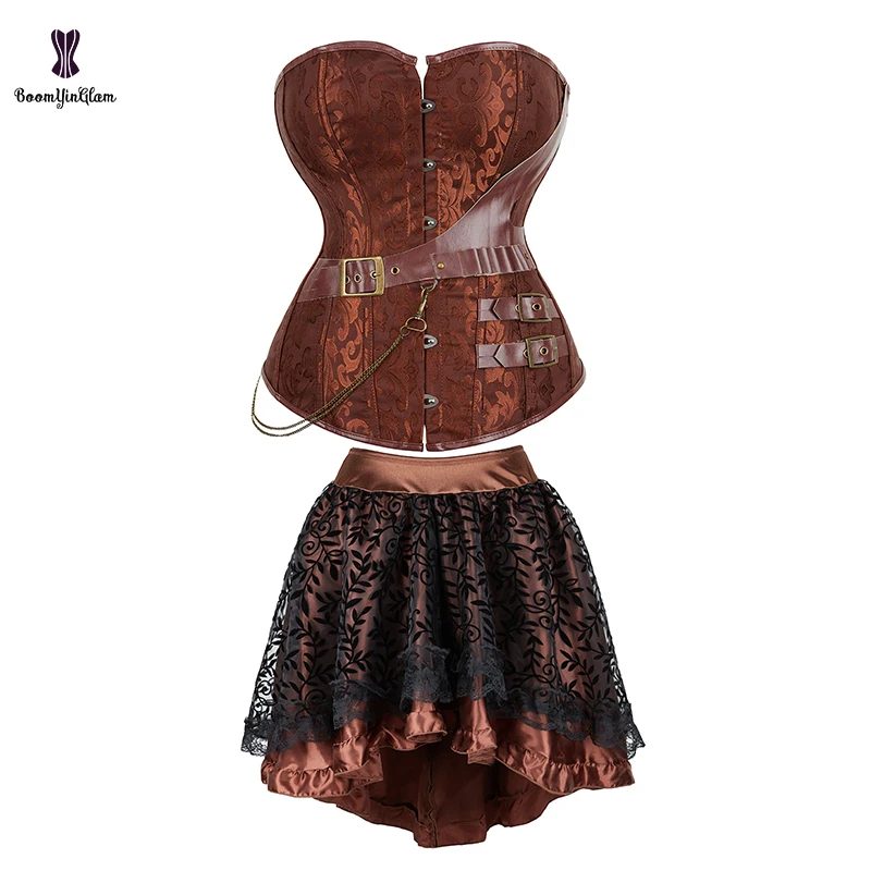 Brown Coffee Leather Belt Buckle Up Korset Women's Halloween Outwear Costume Steam Punk Corsets Dresses With T String Plus Size
