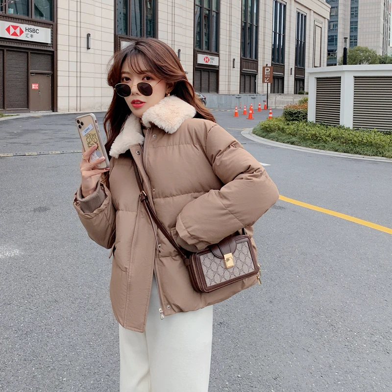 

Fur Collar Big Pocket Korean Women Short Thick Parkas 2021 Autumn Winter Female Solid Color Cotton Padded Jacket Dropshipping