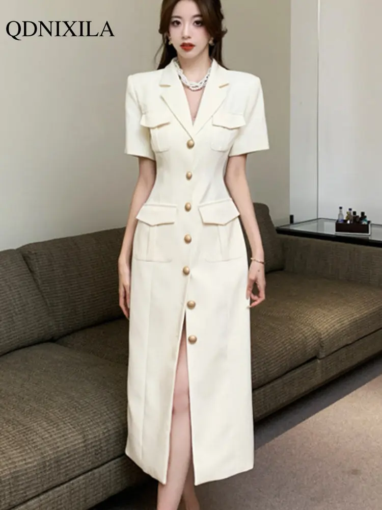 

2023 New In Women's Summer Dresses Korean Suit Dress Luxury Chic and Elegant Office Lady Slim Slit Hight Waist A-line Long Dress