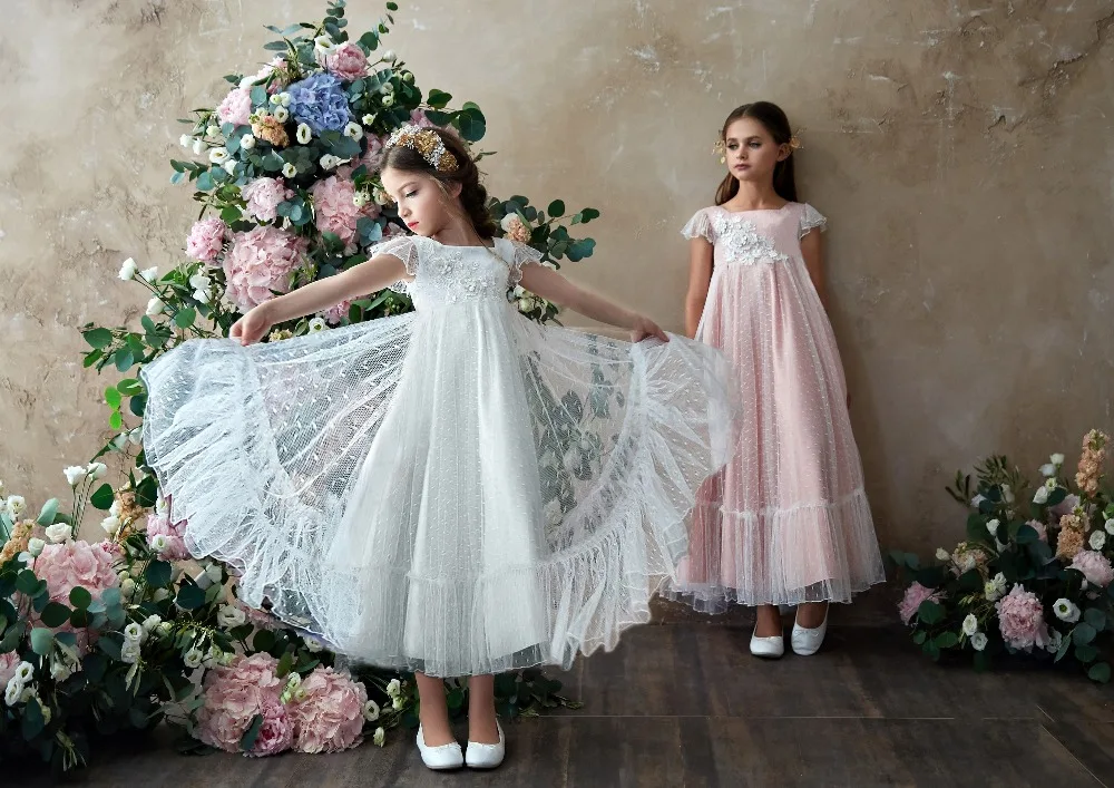 Кружевные платья для девочек с цветочным 3D аппликацией и рукавами-крылышками |