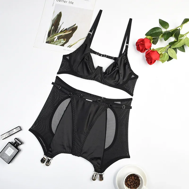 Шелковое нижнее белье Lovermore сексуальная подвязка с вырезами Комплект из 3-х