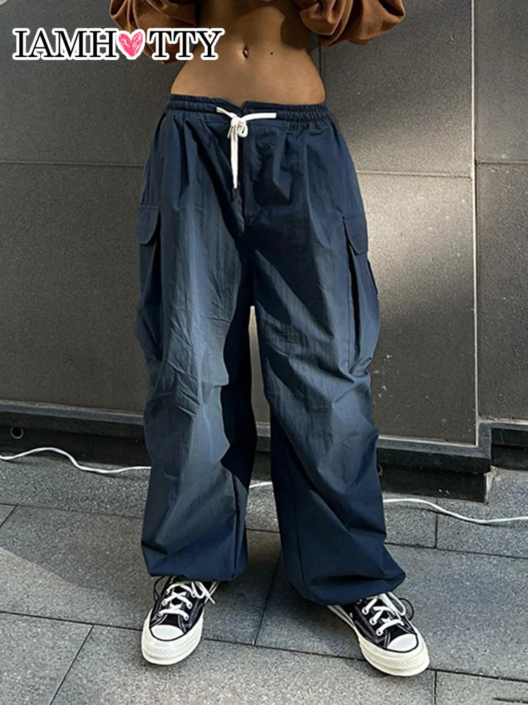 

Брюки-карго IAMHOTTY на шнуровке с высокой талией, эластичные темно-синие широкие повседневные спортивные штаны, джоггеры, винтажная уличная од...