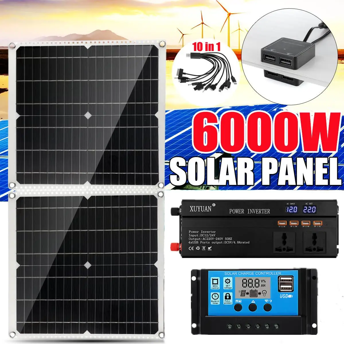 

6000W Solar Power System 220V/6000W Inverter Kit 200W Solar Panel Battery Charger Complete Controller Home Grid Camp Phone