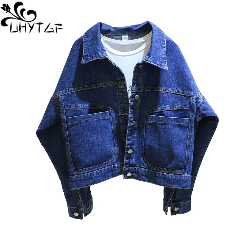 

UHYTGF Vintage Denim Jacket Women's Solid Color Big Pocket Spring Jeans Coat Female Korean Loose Short Tops Outerwear Ladies 376