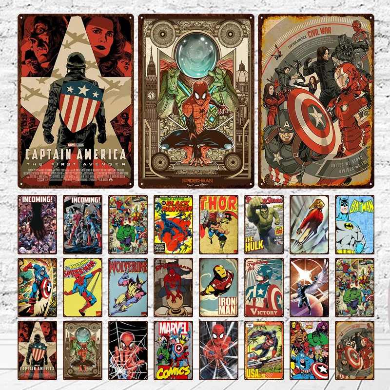 

Постеры с изображением героев фильма Marvel, Оловянная фотография, Человек-паук, Капитан Америка, искусство, кафе, бар, винтажная металлическая...
