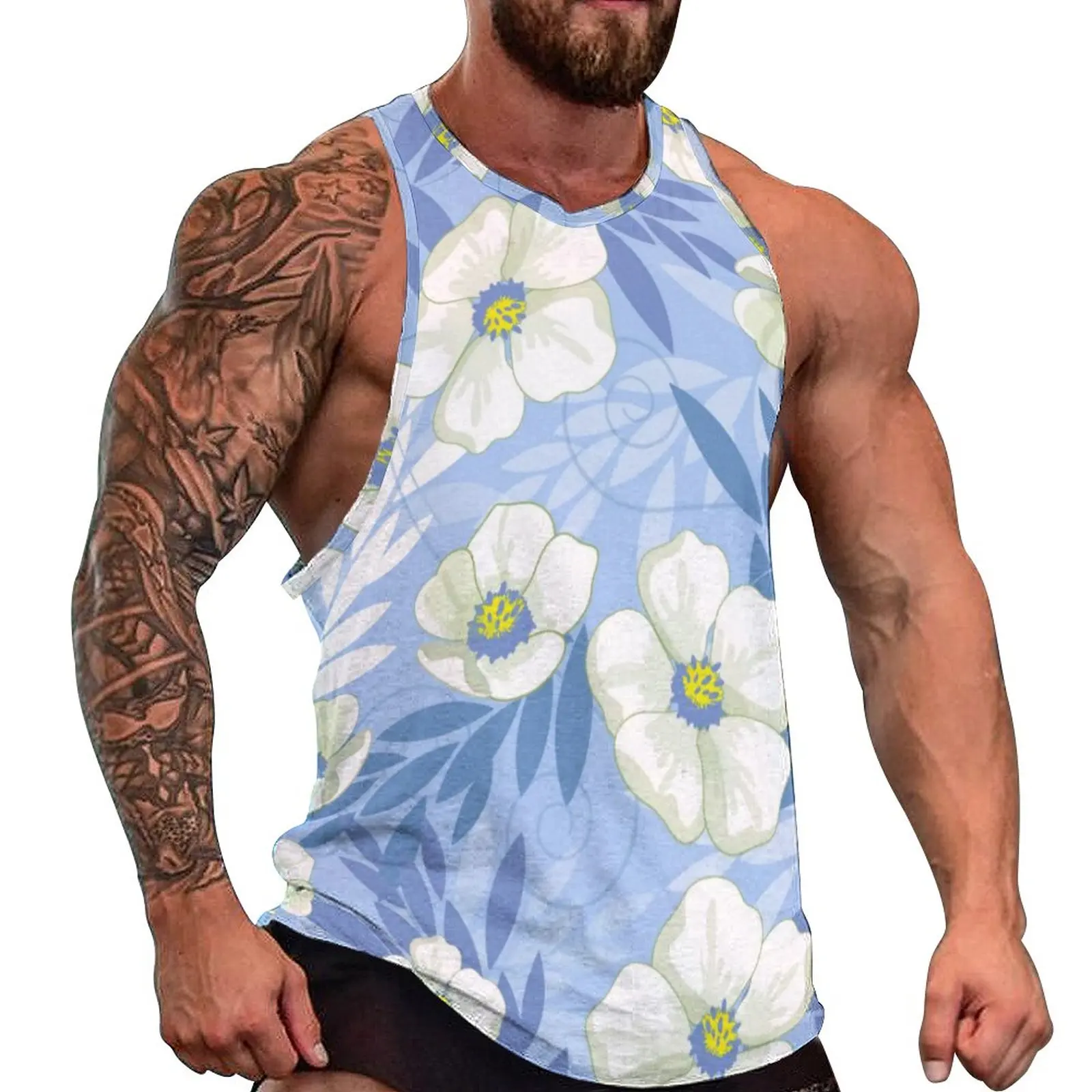 

White Flower Print Summer Tank Top Floral Leaves Bodybuilding Tops Mens Design Trendy Sleeveless Vests Big Size 4XL 5XL