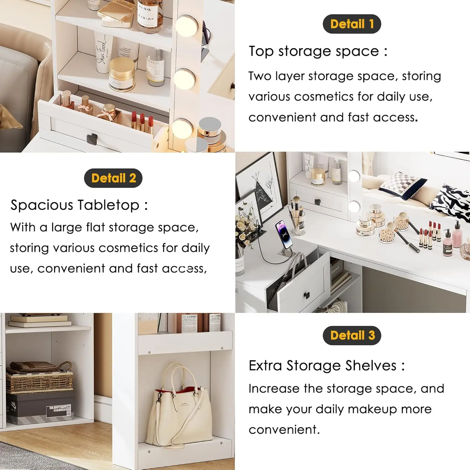 Туалетный столик с зеркалом и подсветкой угловой для макияжа 3-цветной белый