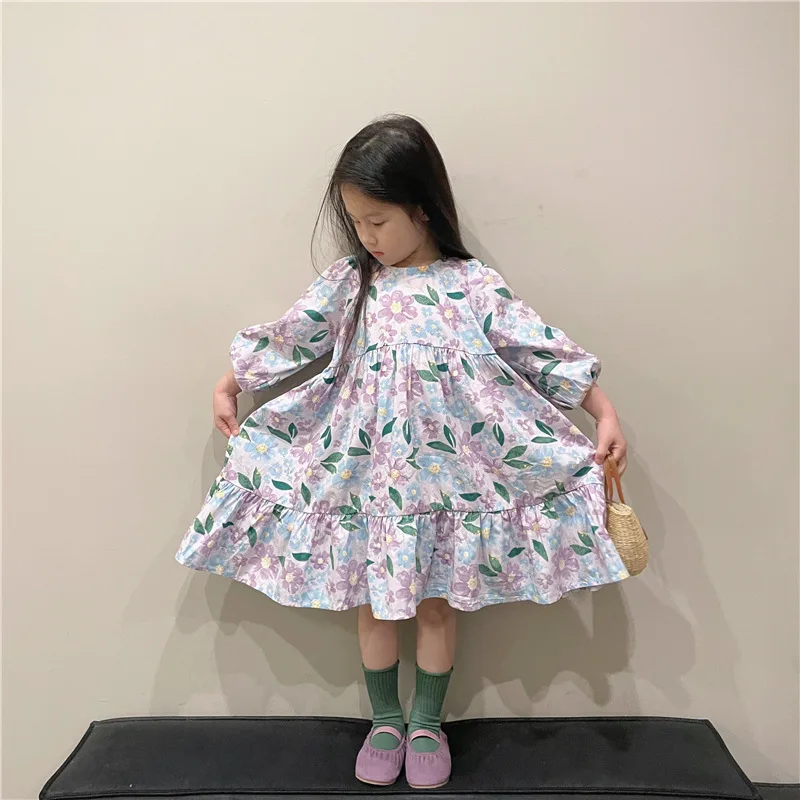 

Новинка весна-осень 2023, одежда в Корейском стиле для девочек, милое платье с цветочным принтом, детское свободное платье с длинным рукавом и цветочным принтом для девочек