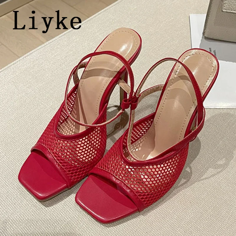 

Liyke Fashion Hollow Breathable Mesh Women Sandals Square Toe Stiletto High Heels Slip-On Ankle Strap Ladies Rome Summer Shoes