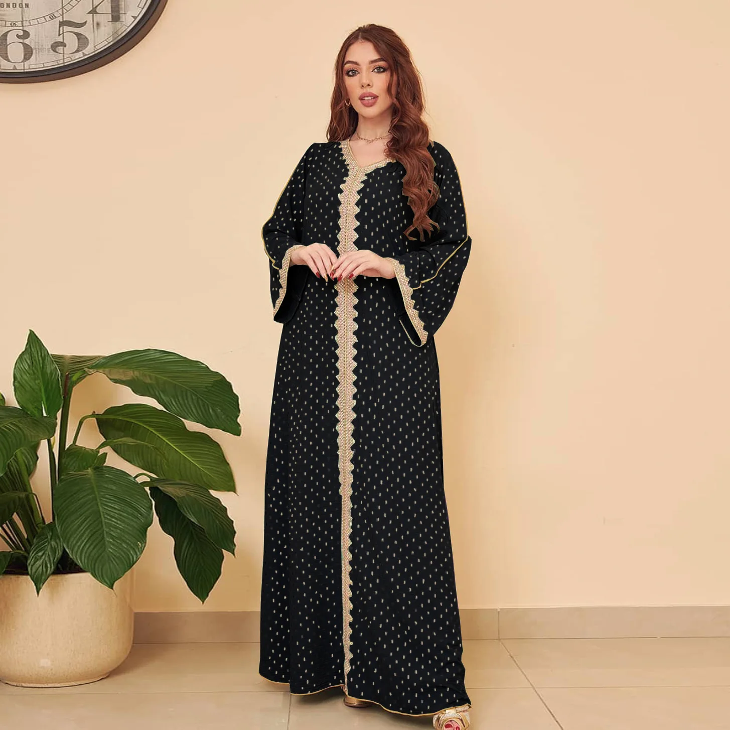Dubai Muslim Woman Dress Polka Dot Print V-Neck Lace Tape Elegant Long Dresses Islamic Robes Abaya Turkey Ramadan Kaftan