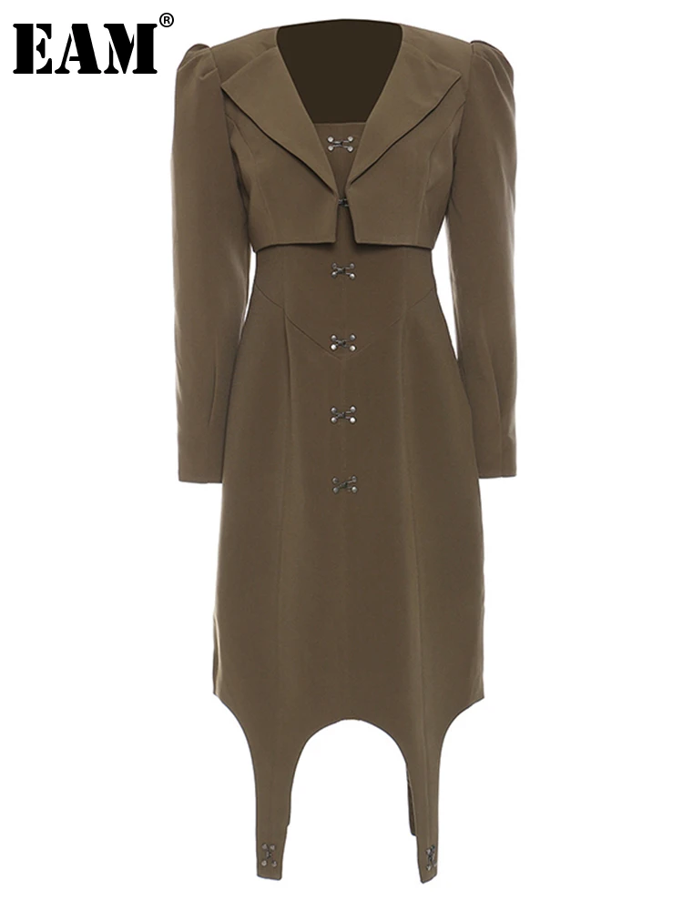 

[EAM] army green Irregular Dress Two Pieces Suit New Lapel Long Sleeve Loose Women Fashion Tide Spring Autumn 2022 1DE3926