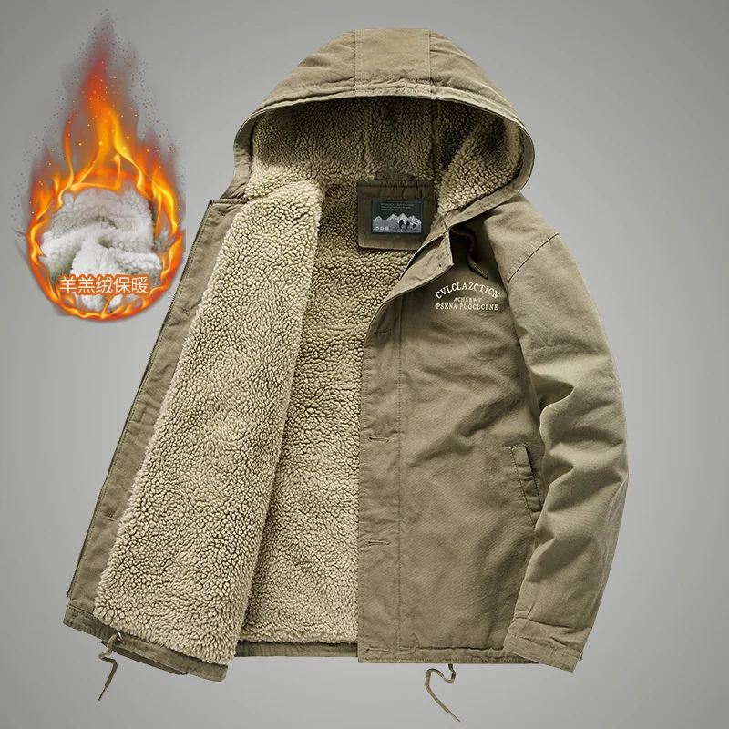 

's Cold Jacket Hooded Coats Lamb Winter Parkas for Fleece Thickening Vintage Tooling Men Parka