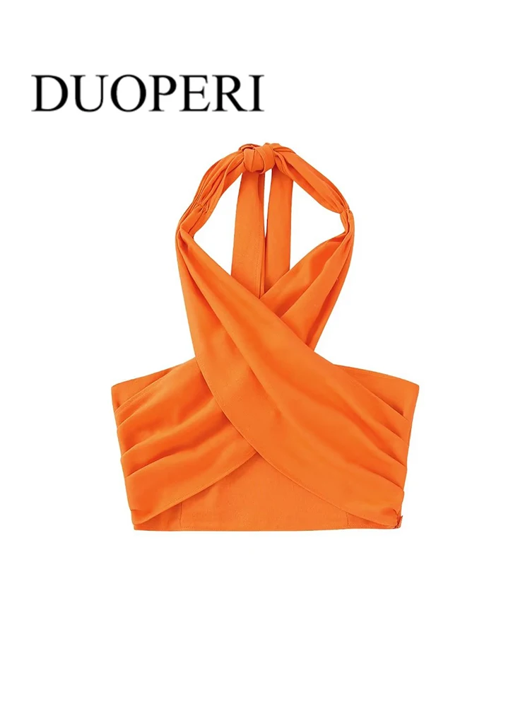 

DUOPERI Women Fashion Solid Bandage Backless Side Zipper Camisole Vintage Halter Neck Female Chic Crop Top Outfits