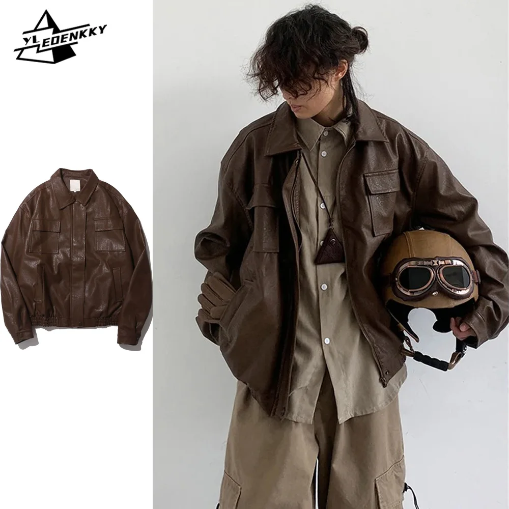 Винтажная куртка из искусственной кожи для мужчин и женщин однотонная Свободная